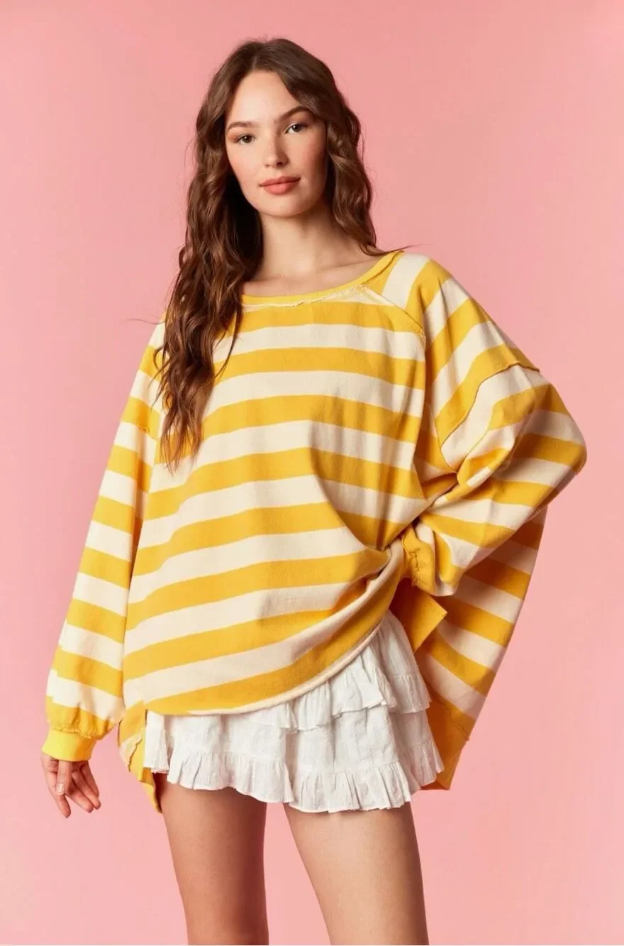 #2046. Peach Love CA Golden Rod/Cream Oversized Striped Sweatshirt NWT